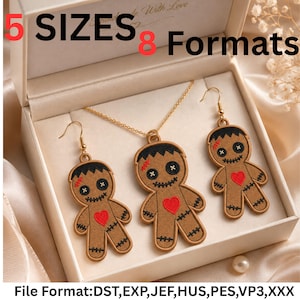 May include: A jewelry set featuring a necklace and two earrings shaped like brown voodoo dolls with black hair, stitched mouths, and red heart accents. The text 5 SIZES 8 Formats and File Format:DST,EXP,JEF,HUS,PES,VP3,XXX is visible in the image.