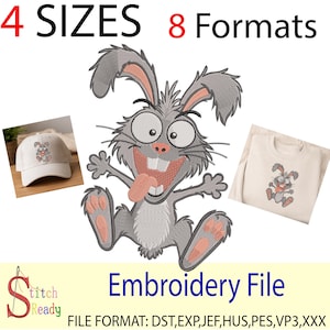 May include: An embroidery file with a cartoon rabbit design. The image shows the rabbit design on a baseball cap and a sweatshirt. The text reads "4 SIZES 8 Formats" and "Embroidery File". The file formats are listed below the text.