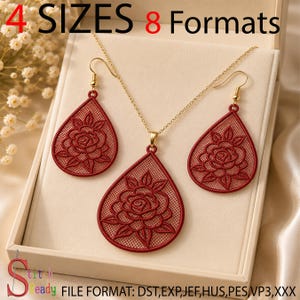 May include: A jewellery set featuring a necklace and two teardrop-shaped earrings in deep red with a delicate rose pattern and mesh texture. The text 4 SIZES 8 Formats and FILE FORMAT: DST, EXP, JEF, HUS, PES, VP3, XXX is visible on the display.