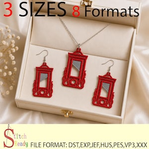 May include: A jewelry set featuring a necklace and two earrings with red guillotine-shaped pendants and silver-colored blades. The set is displayed in a cream-colored box with the text 3 SIZES 8 Formats and Stitch Ready FILE FORMAT: DST,EXP,JEF,HUS,PES,VP3,XXX.