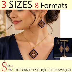May include: A jewelry set featuring a necklace and earrings with a dark blue, quatrefoil-shaped embroidered pendant and matching drop earrings, each displaying a gold-colored star design. The text 3 SIZES 8 Formats and FILE FORMAT: DST,EXP,JEF,HUS,PES,VP3,XXX is visible.