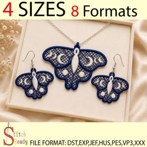 May include: A dark blue and white embroidered moth jewelry set consisting of a pendant on a silver chain and two matching earrings. The moth wings feature moon phase patterns. Text reads 4 SIZES 8 Formats and FILE FORMAT: DST,EXP,JEF,HUS,PES,VP3,XXX.