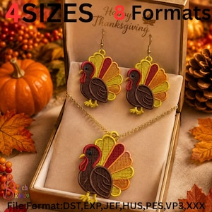 Turkey FSL Earrings & Necklace | Thanksgiving Fall Earring Embroidery Design | Free Standing Lace Jewelry | Turkey Machine Broderie