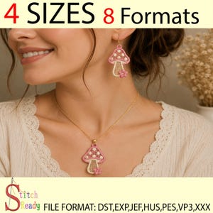 May include: A gold necklace and earrings set featuring mushroom pendants. The mushroom pendants are pink with white polka dots and a beige stem, accented with a small pink flower. The image also displays the text "4 SIZES 8 Formats".