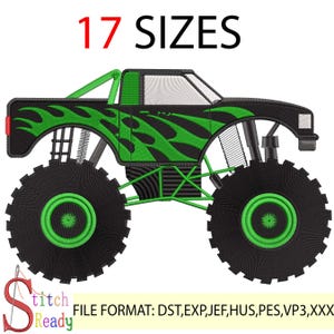 Op de afbeelding: Zwarte monstertruck met groen vlammenontwerp en grote zwarte banden. De tekst "17 SIZES" staat bovenaan. De afbeelding bevat ook de tekst "FILE FORMAT: DST, EXP, JEF, HUS, PES, VP3, XXX".