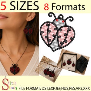 May include: A black and red ladybug-themed jewellery set, including earrings and a necklace. The image displays the jewellery on a person, alongside a digital design. The image text reads "5 SIZES 8 Formats" and "Stitch Ready FILE FORMAT: DST,EXP,JEF,HUS,PES,VP3,XXX".