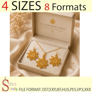 Könnte beinhalten: Ein Set aus goldenen, sonnenförmigen Stickmustern mit einem Anhänger und zwei Ohrringen in einer beigen Schachtel. Der Deckel zeigt den Text FSL EMBROIDERY DESIGN EXQUISITE ELEGANT TIMELESS. Das Bild enthält den Text 4 SIZES 8 Formats und Stitch Ready FILE FORMAT: DST,EXP,JEF,HUS,PES,VP3,XXX.