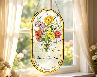 Custom Family Birth Flower Stained Glass Suncatcher,Personalized Birth Month Window Hanging,Mothers Day Gift for Mom or Grandma