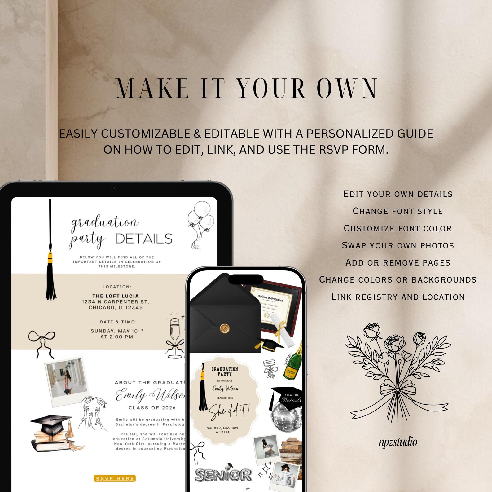 Graduation Website Template With RSVP | Editable Canva Template (black ...