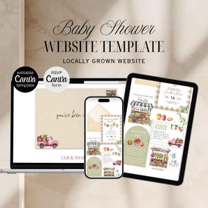 Plantilla de sitio web para baby shower de cultivo local con confirmación de asistencia / Plantilla editable de Canva