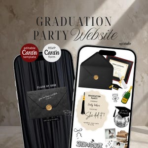 Puede incluir: Dos teléfonos inteligentes que muestran una plantilla de sitio web para una fiesta de graduación. Las pantallas presentan invitaciones digitales, un sobre negro con sello de cera dorado, un diploma, un birrete, champán y el texto "GRADUATION PARTY Website".