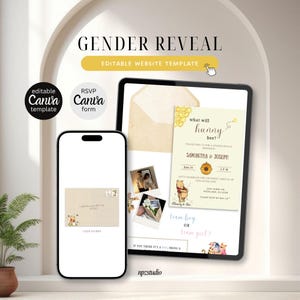 May include: Digital gender reveal invitation template on a tablet and smartphone. The design features Winnie the Pooh, honeycomb, and the text "What will hunny bee?" and "Team Boy or Team Girl?"