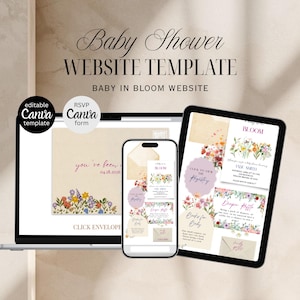 May include: A digital baby shower website template displayed on a laptop, tablet, and smartphone. The design features floral accents, the text "Baby Shower WEBSITE TEMPLATE" and "BABY IN BLOOM WEBSITE". The laptop screen shows an RSVP form.