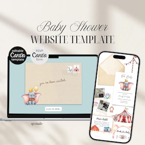 May include: A baby shower website template displayed on a laptop and smartphone. The laptop screen shows an invitation with a Dumbo illustration and the text "you've been invited...". The smartphone displays invitation details, a diaper raffle, and a "Books for Baby" section.