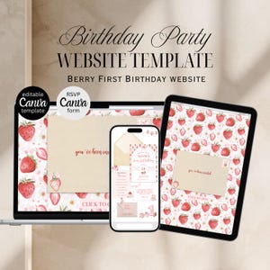 Berry First Birthday Website Template | Editable Canva with RSVP Form