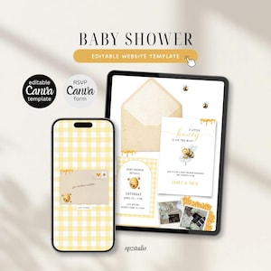 May include: Digital baby shower invitation template with a bee theme. The design includes a smartphone and tablet displaying the invitation, with the text "BABY SHOWER" and "A LITTLE honey IS ON THE WAY!" in a yellow and white color scheme.