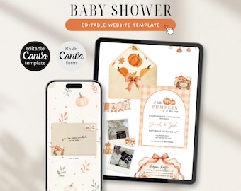 May include: An editable baby shower website template displayed on a tablet and smartphone. The design features watercolor pumpkin illustrations, orange plaid patterns, and text including A little pumpkin is on the way and Sarah & Josh.
