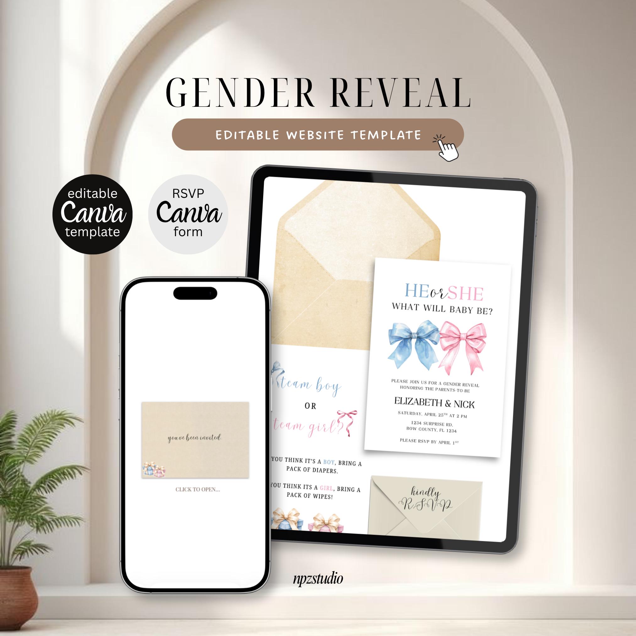 He or She Gender Reveal Website Template With RSVP | Editable Canva - Etsy