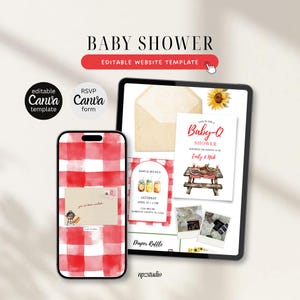 Könnte beinhalten: Eine digitale Babyparty-Einladungsvorlage mit einem rot-weiß karierten Design. Die Einladung enthält ein Smartphone und ein Tablet, die Details der Babyparty anzeigen, darunter ein Picknick-Thema und den Text "Baby-Q Shower".