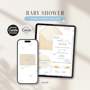 On Cloud Nine Baby Shower Website Template with RSVP | Editable Canva Template