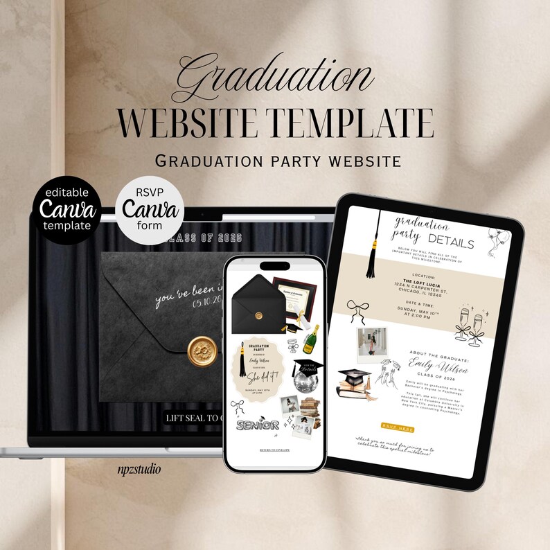 Graduation Website Template With RSVP | Editable Canva Template (black ...
