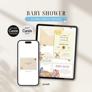 Modèle de site web pour baby shower Winnie l'Ourson avec RSVP | Canva modifiable (Bleu)