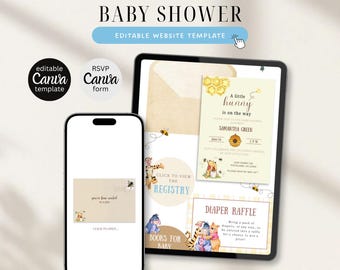 Webbplatsmall för Nalle Puh-babyshower med OSA | Redigerbar Canvas (blå)