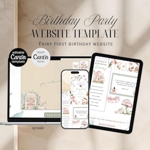 May include: A digital design showcasing a fairy-themed first birthday website template. The design is displayed on a laptop, smartphone, and tablet, featuring soft colors, whimsical illustrations, and the text "Birthday Party WEBSITE TEMPLATE".