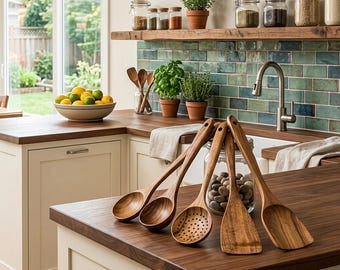 5-Piece Natural Wood Kitchen Utensils Set, Nonstick Safe Cooking Spoons, Rustic Home Gift