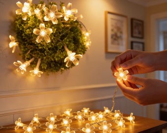 Cherry Blossom Fairy Lights, Waterproof LED Flower String Lights (Battery Operated)