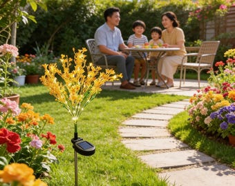 Luces solares para jardín con flores, 7 focos LED tipo estaca, decoración de camino en blanco cálido.