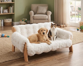 Elevated Cat Couch Bed, Wooden Cat Sofa, Fluffy Washable Cover, Raised Cat Bed, Indoor Cat Furniture, Pet Lounge Chair