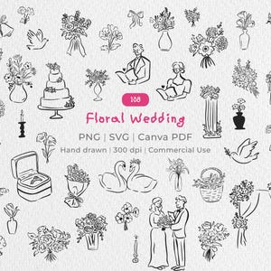 Può includere: Una collezione di illustrazioni in bianco e nero disegnate a mano a tema matrimonio, inclusi bouquet di fiori, vasi, torta a piani, cigni, colombe, portafedi, sedie e figure. Il testo recita 108 Floral Wedding PNG SVG Canva PDF.