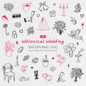 Könnte beinhalten: Eine digitale Sammlung von schwarzen und rosafarbenen Strichzeichnungen mit Hochzeitssymbolen wie Torte, Ringen, Blumen, Champagner und einem Stuhl. Der Text lautet 140 Whimsical Wedding 300 DPI PNG | SVG Canva-ready link | Commercial Use.