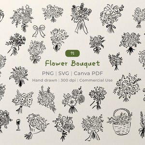 Puede incluir: Ilustraciones en blanco y negro dibujadas a mano de ramos de flores. La imagen incluye varios arreglos florales, lazos, una cesta y el texto "Flower Bouquet" y "PNG | SVG | Canva PDF".