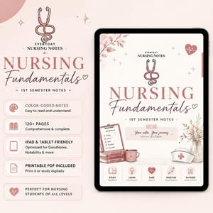 Peut inclure: Un guide d'étude numérique pour les soins infirmiers intitulé "Nursing Fundamentals", avec un schéma de couleurs rose et blanc. Le guide comprend des notes en couleur, plus de 120 pages et est compatible iPad et tablette. Destiné aux étudiants en soins infirmiers.