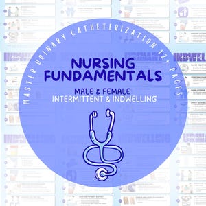 Könnte beinhalten: Ein blauer Poster mit dem Titel "Meisterhafte Harnkatheterisierung" mit dem Text "Grundlagen der Krankenpflege" und einer Stethoskop-Illustration. Das Poster enthält Diagramme und Anweisungen für Männer und Frauen.