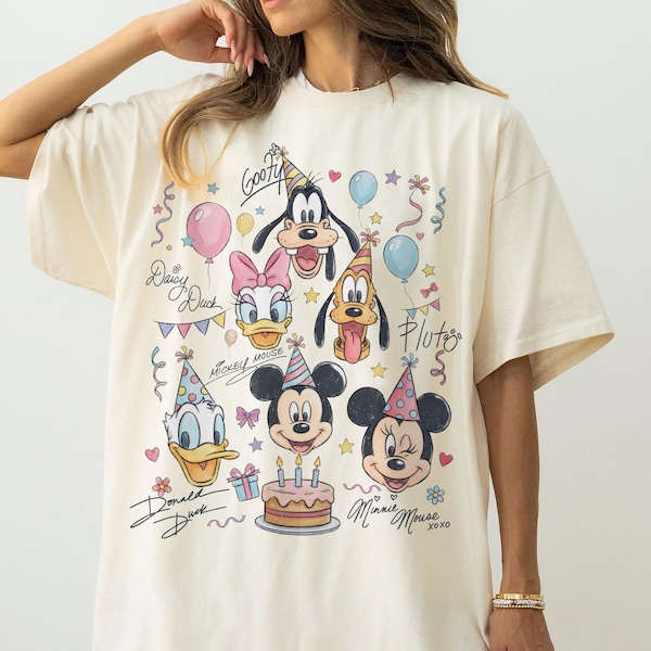 Retro Mickey & Friends Signature Birthday Shirt, Disney Mickey Minnie Donald Pluto Birthday Present Gift Tee, Disneyland Family Trip