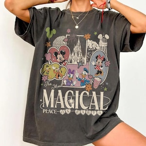 May include: Dark gray t-shirt featuring a colorful graphic of Disney characters and landmarks. The design includes Mickey and Minnie Mouse, Donald and Daisy Duck, and the text "The Most Magical Place on Earth."
