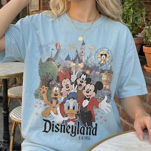 May include: Light blue t-shirt featuring a Disneyland graphic with Mickey Mouse, Minnie Mouse, Donald Duck, Pluto, and Goofy. The graphic includes a castle, Ferris wheel, and the text "Disneyland Est.1955".