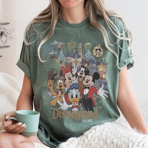 May include: Green t-shirt featuring a colorful graphic of Disney characters including Mickey Mouse, Minnie Mouse, and Goofy. The graphic depicts a park scene with fireworks and the text "Disneyland Est. 1955". The shirt is worn by a person.