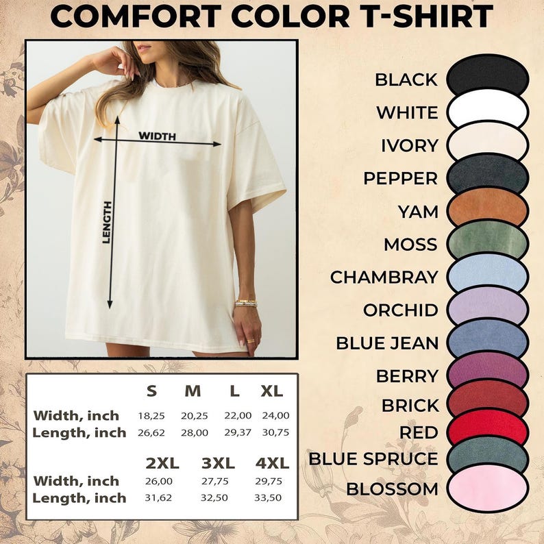 Puede incluir: Camiseta Comfort Color color crema con medidas en pulgadas. La imagen muestra una tabla de tallas con medidas de ancho y largo para las tallas S a 4XL. Las opciones de color incluyen negro, blanco, marfil, pimienta y m&aacute;s.