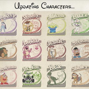 Puede incluir: Una impresi&oacute;n de estilo vintage con doce ilustraciones de personajes de Toy Story, cada una dentro de un marco decorativo. Los personajes incluyen a Bo Peep, Woody, Aliens, Buzz, Mr. Pinklepants, Lotso, Jessie, Mr. Potato Head, Mrs. Potato Head, Re Car, Rex y Slinky. El texto "Updating Characters..." est&aacute; en la parte superior.