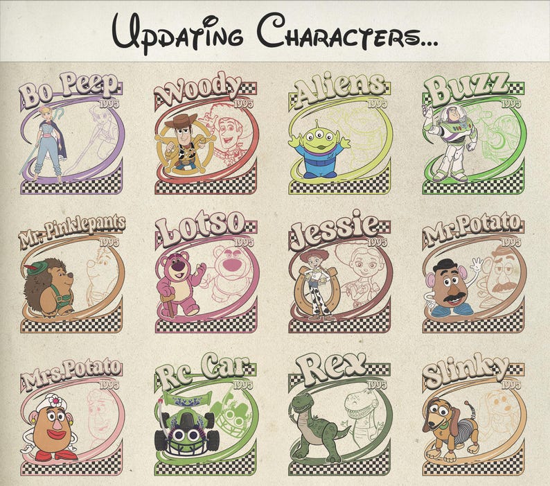 Puede incluir: Una impresi&oacute;n de estilo vintage con doce ilustraciones de personajes de Toy Story, cada una dentro de un marco decorativo. Los personajes incluyen a Bo Peep, Woody, Aliens, Buzz, Mr. Pinklepants, Lotso, Jessie, Mr. Potato Head, Mrs. Potato Head, Re Car, Rex y Slinky. El texto "Updating Characters..." est&aacute; en la parte superior.