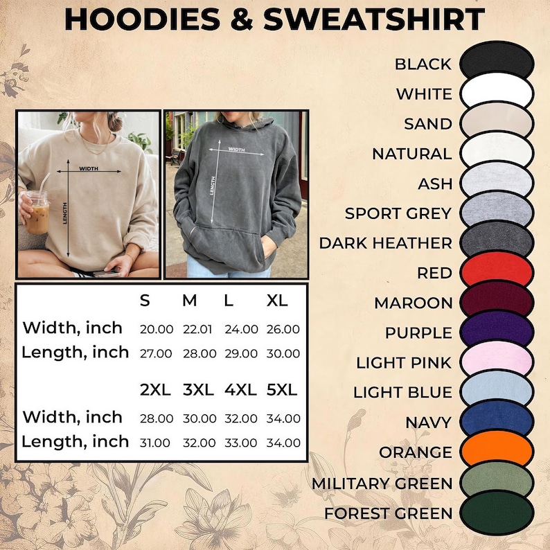 Puede incluir: Imagen que presenta una selecci&oacute;n de sudaderas con y sin capucha en varios colores, como negro, blanco y azul marino. La tabla de tallas muestra las medidas de ancho y largo en pulgadas, de la S a la 5XL. El texto "Hoodies & Sweatshirt" est&aacute; en la parte superior.