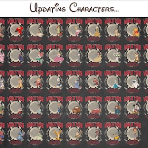 May include: A dark gray poster featuring various Disney characters in circular frames. Each frame has the words "World Tour" and "Updating Characters" at the top. Characters include Mickey Mouse, Winnie the Pooh, and others.