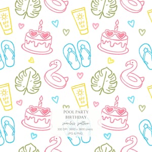 Poolparty födelsedag sömlöst mönster, sommarflamingo design, digitalt papper, barnfest PNG, utskrivbar, omedelbar nedladdning, kommersiell användning