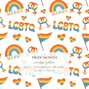 Könnte beinhalten: Nahtloses Pride Month-Muster mit Regenbogen, Flaggen, Herzen und LGBTQ-Text in Regenbogenfarben. Der Satz "LOVE IS LOVE" ist ebenfalls enthalten. Das Design zeigt Symbole der Liebe und Inklusion auf weißem Hintergrund.