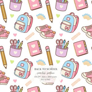 Op de afbeelding: Een naadloos patroon met illustraties van lichtblauwe en roze rugzakken, roze sneakers, gele potloden, paarse pennenbakjes met scharen en pennen, roze notitieboekjes met hartjes en kleine hartjes op een witte achtergrond.