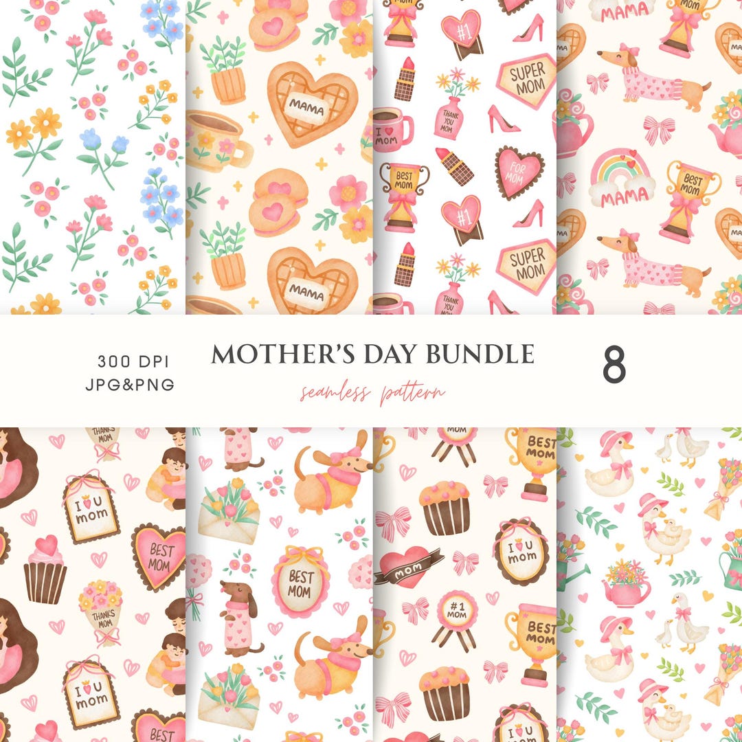 Mom Printed Pattern Mother’s Day Seamless Pattern Bundle, Mama, Painted Botanical Springs ...